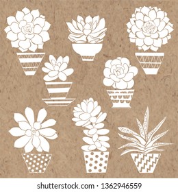 Graphic set with succulents in pots,  isolated on kraft paper. Hand drawn vector illustration, sketch. Elements for design. Silhouettes.