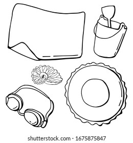 Graphic set of summer elements. Beach mat, baby bucket with a spatula, diving goggles, lifebuoy, shell. Line art. White background, isolate.