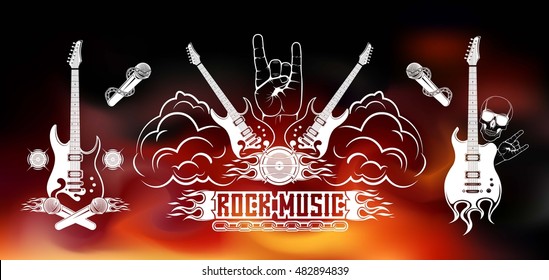 Graphic set. Symbol of rock music. Electric and bass guitar with skull. Poster, Billboard, banner, for rock concert. Concept of festival or rock battle.