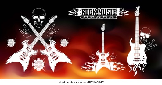 Graphic set. Symbol of rock music. Electric and bass guitar with skull. Poster, Billboard, banner, for rock concert. Concept of festival or rock battle.