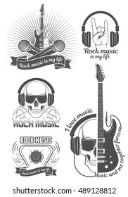 Graphic set. Symbol of rock music. Electric and bass guitar with skull. Poster, flyer, Billboard, banner, for rock concert. Concept of festival or rock battle.