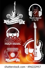 Graphic set. Symbol of rock music. Electric and bass guitar with skull. Poster, flyer, Billboard, banner, for rock concert. Concept of festival or rock battle.