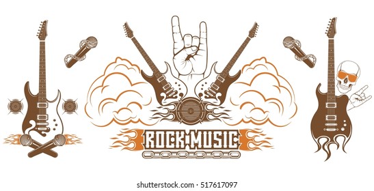 Graphic set. Symbol of rock music. Electric and bass guitar with skull. Poster, Billboard, banner, for rock concert. Concept of festival or rock battle.