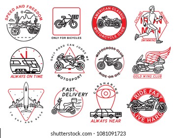 Graphic set of transport emblems. Motorcycles, airplane, runner, car, sport, bicycle. Vector illustration