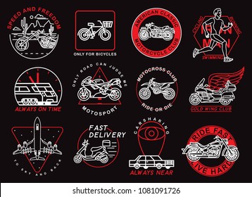 Graphic set of transport emblems. Motorcycles, airplane, runner, car, sport, bicycle. Vector Illustration