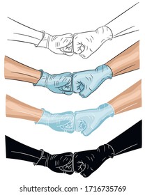 A graphic set of two hands greeted with fists in blue medical gloves to protect against coronavirus. COVID-19 protection, new greeting, social distance. Vector illustration.