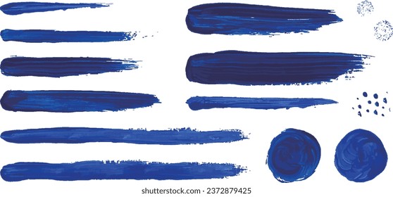 Graphic set of various lines and circles drawn with brushes Blue