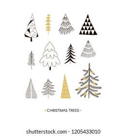 Graphic set with vector decorative Christmas trees made in neutral black and gold colours. Perfect for winter seasonal holidays party design. Simple doodle drawing style.