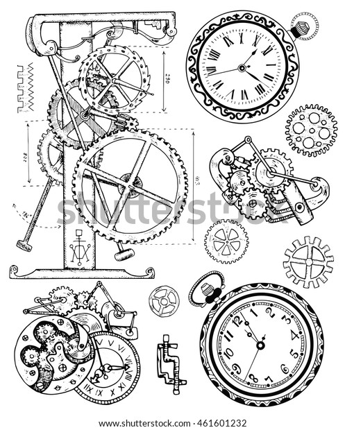 スチームパンク形式のビンテージクロック機構とグラフィックセット 手描きのイラスト スケッチタトゥー コグ ギア 車輪 レトロ機械を使用した古い白黒のテクノロジーコレクション のベクター画像素材 ロイヤリティフリー