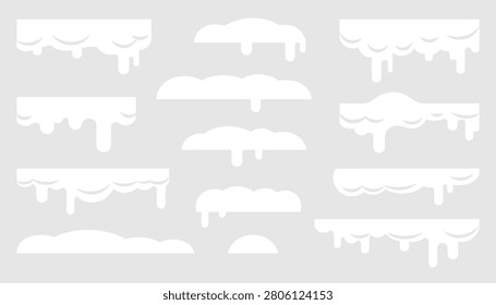 Graphic set of white dripping snow caps and melting ice borders designed for winter themes on a grey background.
