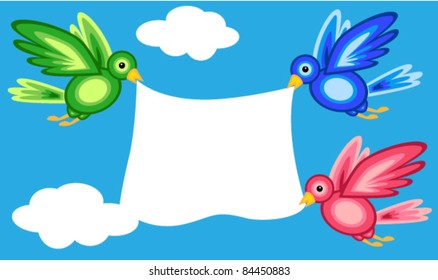 Graphic Shape Colorful Birds Flying In Blue Sky With White Clouds While Holding A Large White Banner, Perfect Cute Card.