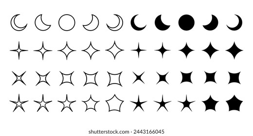 Graphic shapes collection with stars, blinks and moon phases in outline and bold variants, y2k design elements, vector illustration.