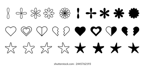 Colección de Formas gráficas con estrellas, parpadeos y fases lunares en contorno y variantes atrevidas, Elementos de diseño y2k, Ilustración vectorial.