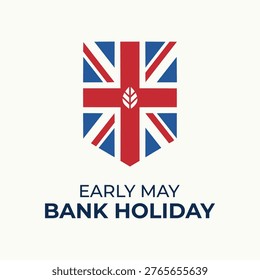 A graphic shield featuring the Union Jack flag with a leaf emblem celebrating the public holiday in the United Kingdom during the month of May