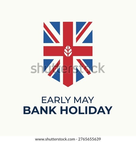 A graphic shield featuring the Union Jack flag with a leaf emblem celebrating the public holiday in the United Kingdom during the month of May