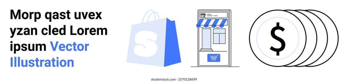 Graphic with a shopping bag, a small storefront and a stack of coins. Ideal for online shopping, retail business, e-commerce platforms, financial transactions and marketing. Landing page