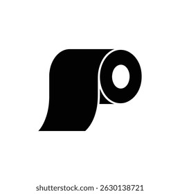 Graphic showcases a minimalist design of a black roll of toilet paper with a section unrolled, set against a stark white background, focused on simplicity.