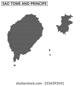 The graphic showcases a pixelated outline of Sao Tome and Principe, highlighting the distinct shapes of the islands.