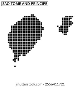 The graphic showcases a pixelated outline of Sao Tome and Principe, highlighting the distinct shapes of the islands.