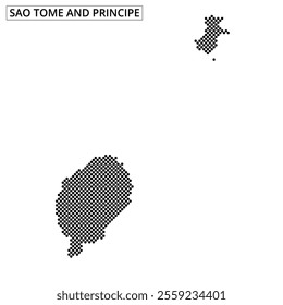 The graphic showcases a pixelated outline of Sao Tome and Principe, highlighting the distinct shapes of the islands.