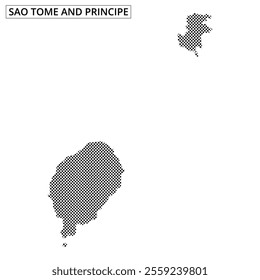 The graphic showcases a pixelated outline of Sao Tome and Principe, highlighting the distinct shapes of the islands.