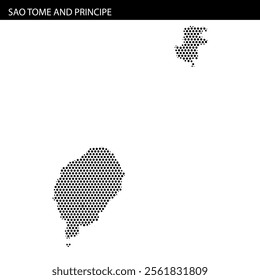 The graphic showcases a pixelated outline of Sao Tome and Principe, highlighting the distinct shapes of the islands.