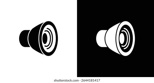 O gráfico mostra um ícone de alto-falante estilizado apresentado em preto sobre branco e branco sobre preto, oferecendo um contraste invertido visualmente impressionante para a versatilidade.