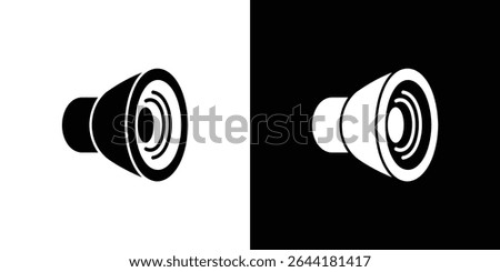 The graphic showcases a stylized speaker icon presented in both black on white and white on black, offering a visually striking inverted contrast for versatility.