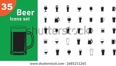  a graphic showcasing a "Beer Icons Set" featuring 35 different illustrations of beer glasses. The background is split, with the left side in green and orange, highlighting the "35 Beer I