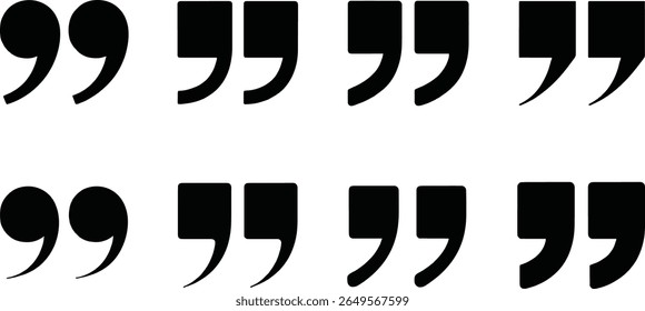 A graphic showcasing a variety of quotation mark designs, including traditional curved and modern squared styles, presented in black on a white background.