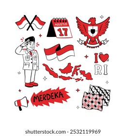 Graphic showcasing various symbols of Indonesia Independence Day, flags, maps, and national heroes