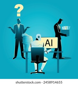 Graphic showing artificial intelligence, robots and technology replacing human kind in business; robot sat at desk in an office with a stack of paperwork with two humans and a blue background