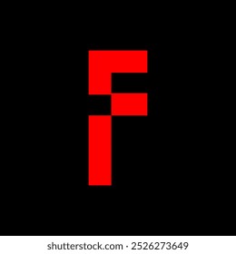 Graphic showing a capital letter f formed by red squares on a black background