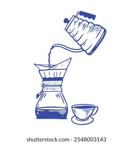 A graphic showing coffee brewing a kettle pours into a Chemex, with a cup ready for a delicious drink