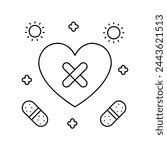 A graphic showing a heart outline surrounded by bandages and symbols, symbolizing the process of emotional healing and recovery