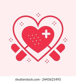 A graphic showing a heart outline surrounded by bandages and symbols, symbolizing the process of emotional healing and recovery