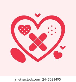 A graphic showing a heart outline surrounded by bandages and symbols, symbolizing the process of emotional healing and recovery.