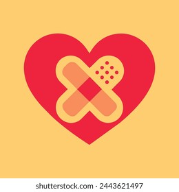 A graphic showing a heart outline surrounded by bandages and symbols, symbolizing the process of emotional healing and recovery