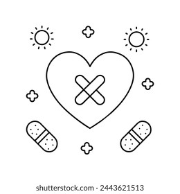 A graphic showing a heart outline surrounded by bandages and symbols, symbolizing the process of emotional healing and recovery