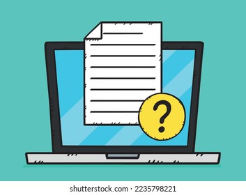 Gráfico que muestra el portátil con el documento que tiene el signo de interrogación. Ilustración vectorial en estilo de dibujos animados con contorno negro. Gráficos vectoriales dibujados a mano.