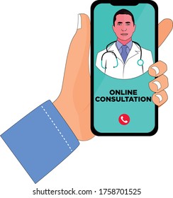 Graphic showing online consultation by physician on mobile