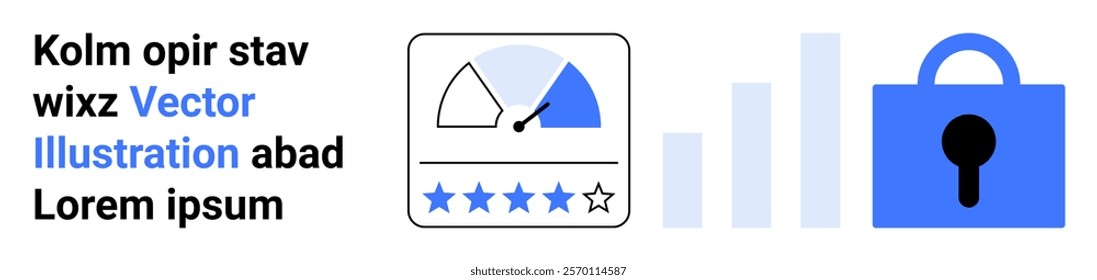 Graphic showing a performance meter with four-star rating, bar graph, and padlock symbol. Ideal for digital performance, data analysis, security, user reviews, and business metrics. Banner