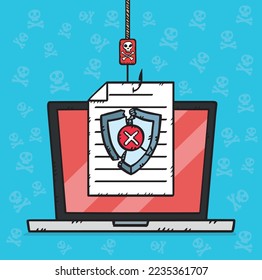 Gráfico que muestra phishing y ataques de hackeo a documentos. El escudo antivirus ha sido destruido, dándole al hacker acceso a los datos. Ilustración vectorial en estilo de caricatura con contorno negro