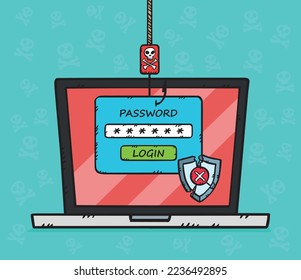 Graphic showing phishing and hacking attack during user login. The antivirus shield has been shattered giving the hacker access to the data. Vector illustration in cartoon style with black outline