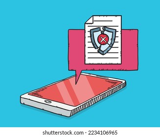 Un gráfico que muestra un teléfono con una nube y un escudo antivirus resquebrajado con una marca x roja. La protección antivirus ha sido destruida. Ilustración del vector de color en estilo de dibujos animados con contorno negro.