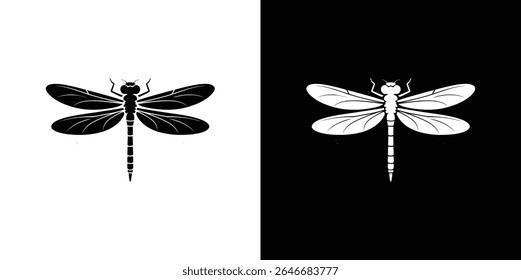 Graphic shows a black dragonfly silhouette on white and a white dragonfly silhouette on black, offering a stark contrast ideal for design or educational materials.