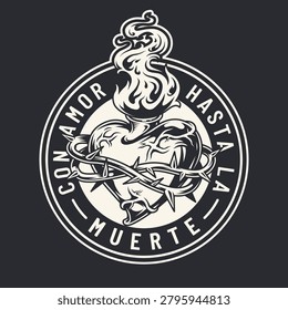 A graphic shows a heart wrapped in thorns with flames rising from the top. The text around the heart reads con amor hasta la muerte. The design has a bold black and white look.