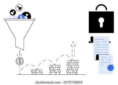 Graphic shows marketing funnel converting audience to money, coins representing revenue growth, document with blue checkmark, and padlock. Ideal for marketing, business growth, data security, sales