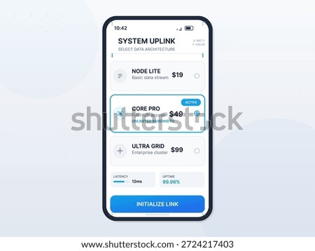 The graphic shows a mobile device screen displaying options for data architecture selection, including pricing and service details for system uplink features.