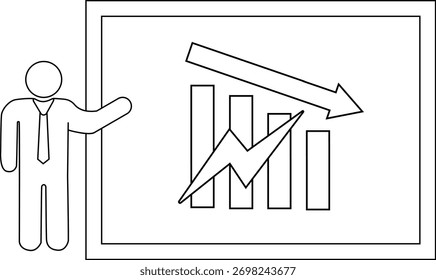 El gráfico muestra a una persona que presenta un gráfico con una flecha de tendencia descendente y una línea fluctuante en forma de rayo